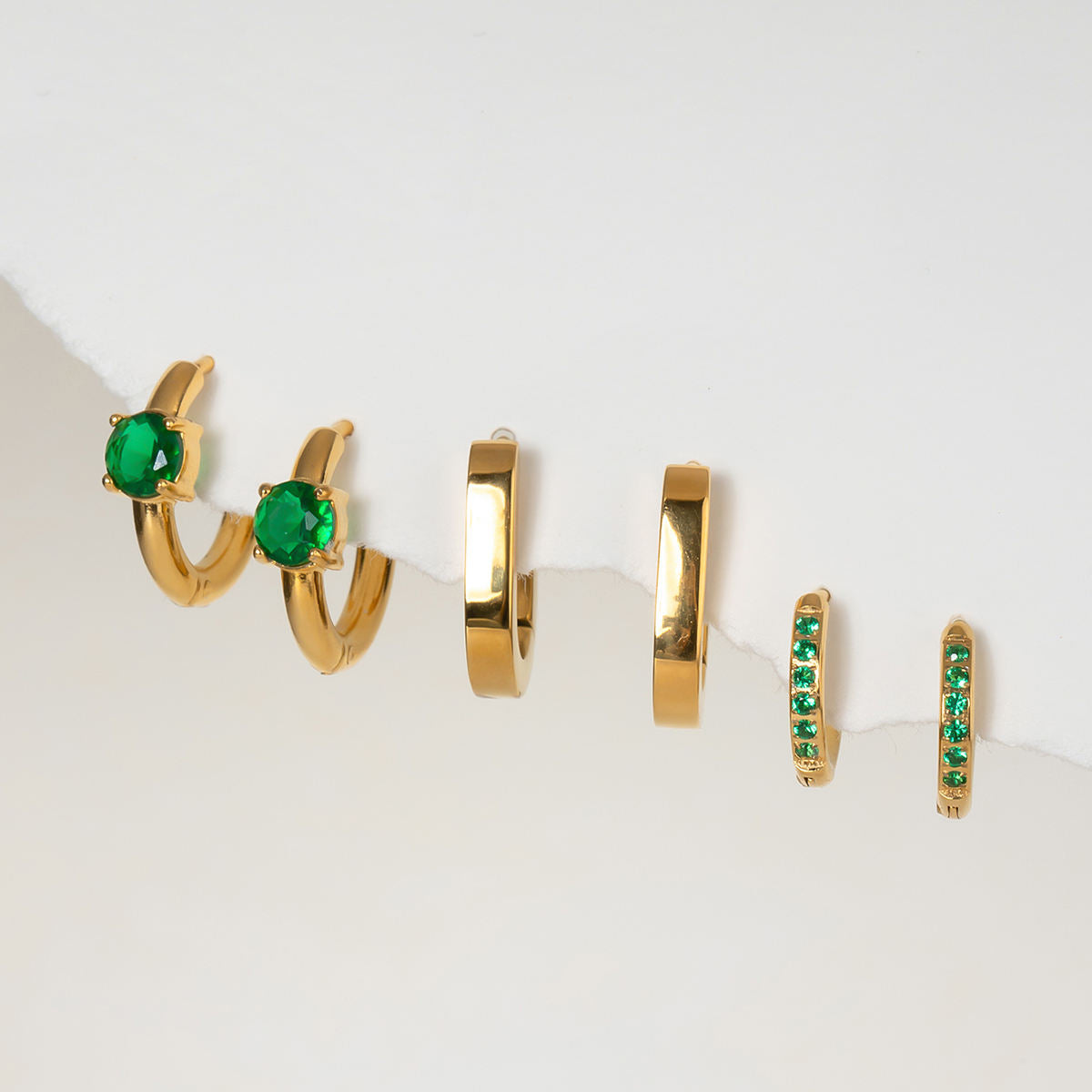GREEN STONE MINI HOOP SET (3 PAIRS)