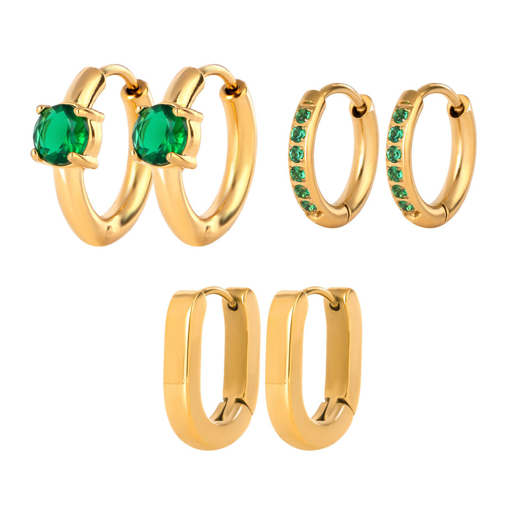 GREEN STONE MINI HOOP SET (3 PAIRS)
