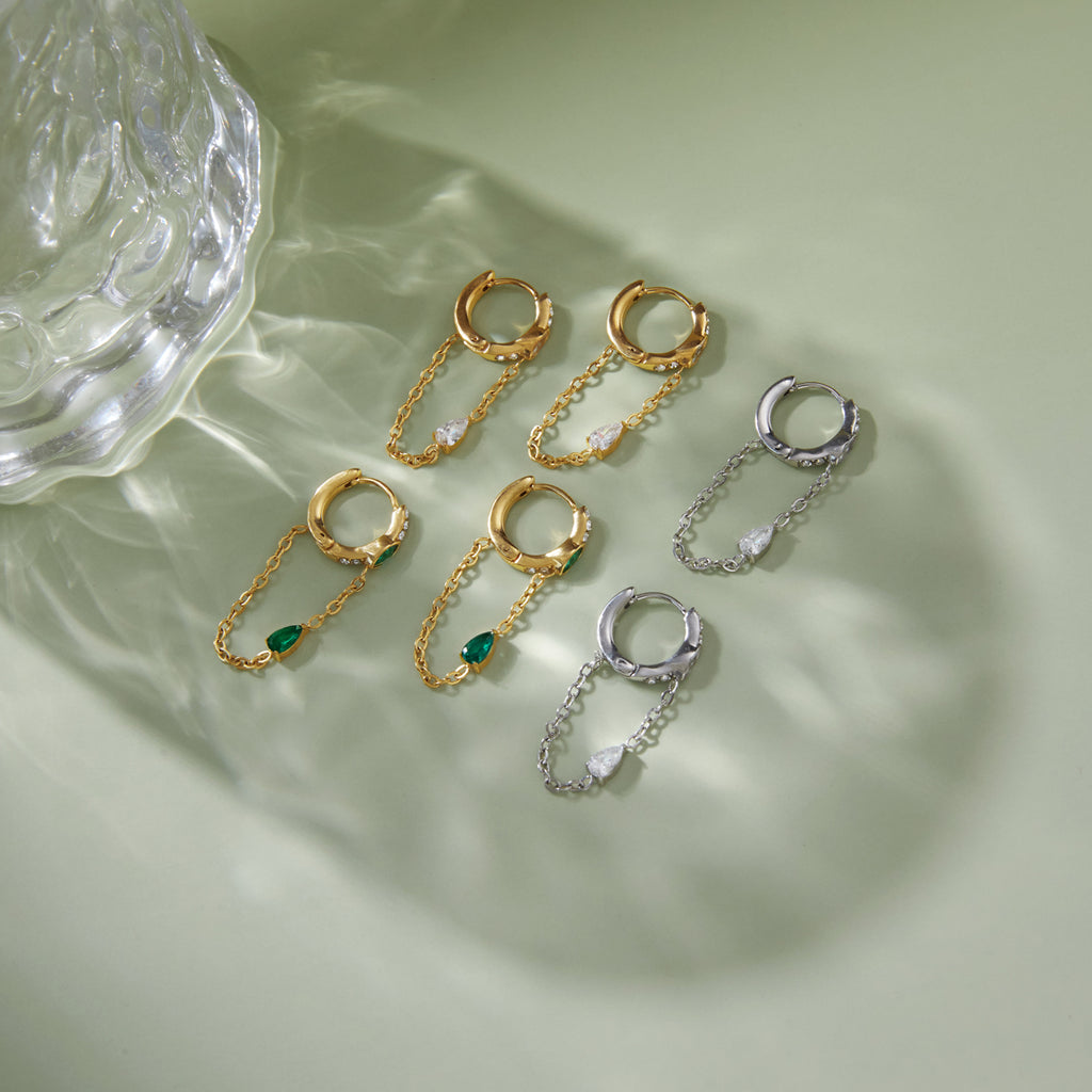 CHAIN DROP ZIRCON HOOP EARRINGS