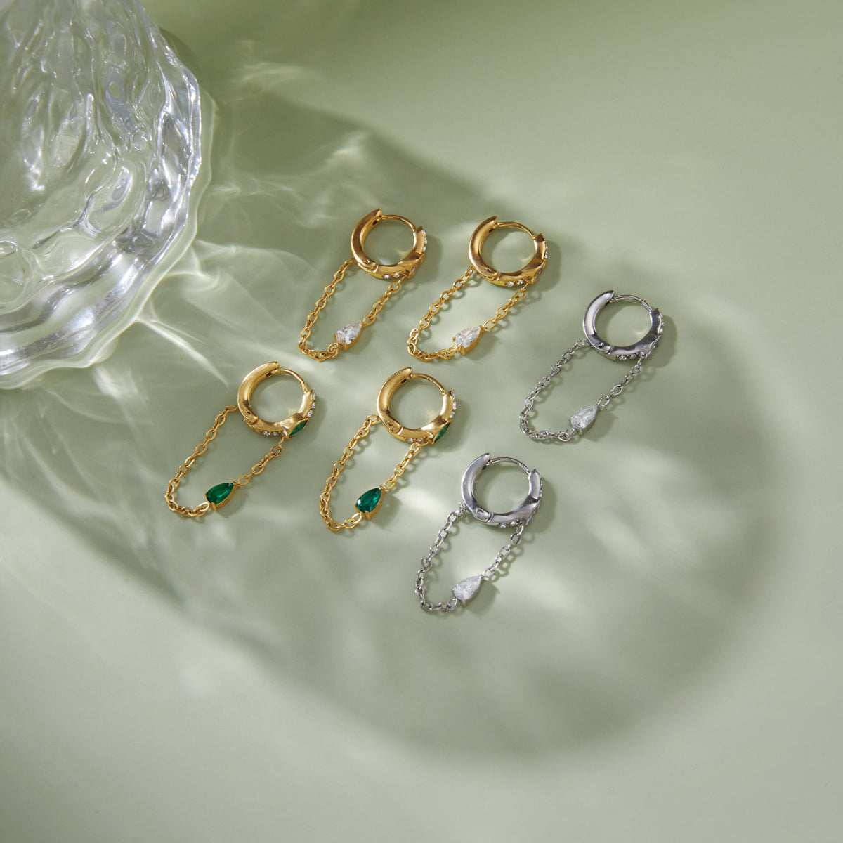 CHAIN DROP ZIRCON HOOP EARRINGS